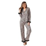 Saten Leopar Desenli Kadın Pijama Takımı (Kahverengi, L)
