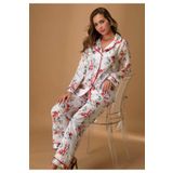 Saten Önden Düğmeli Uzun Kollu Kadın Çiçekli Pijama Takımı, 2XL, N5654-19804IGP27193762