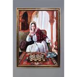 Satranç Oynayan Kadın Desenli Dijital Baskılı Kadife Kumaş Çerçeveli Tablo Tbl0064 Renkli 50 X 70