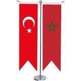Satürn Design Masa Üstü Kırlangıç Fas Bayrağı Türk Bayrağı + Krom T Direk Masa Bayrak Seti - --