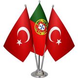 Satürn Design Masa Üstü Portekiz Bayrağı Türk Bayrağı Üçlü Krom Direk Masa Bayrak Seti