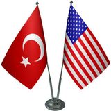 Satürn Design Masaüstü Amerika Bayrağı Türk Bayrağı İkili Krom Direk Masa Bayrak Seti