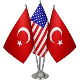 Satürn Design Masaüstü Amerika Bayrağı Türk Bayrağı Üçlü Krom Direk Masa Bayrak Seti