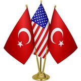 Satürn Design Masaüstü Amerika Bayrağı Türk Bayrağı Üçlü Pirinç Direk Masa Bayrak Seti