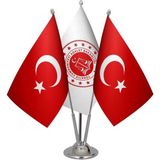 Satürn Design Masaüstü Avrupa Birliği Bayrağı Türk Bayrağı Üçlü Krom Direk Masa Bayrak Seti