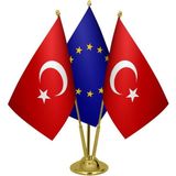 Satürn Design Masaüstü Avrupa Birliği Bayrağı Türk Bayrağı Üçlü Pirinç Direk Masa Bayrak Seti