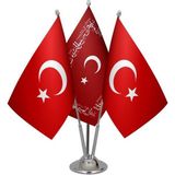 Satürn Design Masaüstü Ayetli Osmanlı Bayrağı Türk Bayrağı Üçlü Krom Direk Masa Bayrak Seti