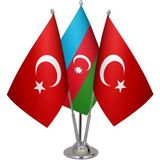 Satürn Design Masaüstü Azerbaycan Bayrağı Türk Bayrağı Üçlü Krom Direk Masa Bayrak Seti
