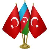 Satürn Design Masaüstü Azerbaycan Bayrağı Türk Bayrağı Üçlü Pirinç Direk Masa Bayrak Seti