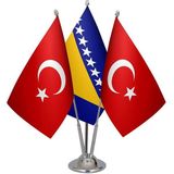 Satürn Design Masaüstü Bosna Hersek Bayrağı Türk Bayrağı Üçlü Krom Direk Masa Bayrak Seti