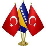 Satürn Design Masaüstü Bosna Hersek Bayrağı Türk Bayrağı Üçlü Pirinç Direk Masa Bayrak Seti