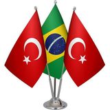 Satürn Design Masaüstü Brezilya Bayrağı Türk Bayrağı Üçlü Krom Direk Masa Bayrak Seti