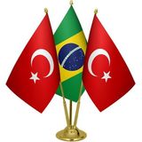 Satürn Design Masaüstü Brezilya Bayrağı Türk Bayrağı Üçlü Pirinç Direk Masa Bayrak Seti