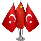Satürn Design Masaüstü Çin Bayrağı Türk Bayrağı Üçlü Krom Direk Masa Bayrak Seti
