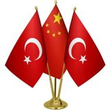 Satürn Design Masaüstü Çin Bayrağı Türk Bayrağı Üçlü Pirinç Direk Masa Bayrak Seti