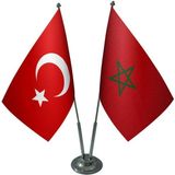 Satürn Design Masaüstü Fas Bayrağı Türk Bayrağı İkili Krom Direk Masa Bayrak Seti