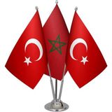 Satürn Design Masaüstü Fas Bayrağı Türk Bayrağı Üçlü Krom Direk Masa Bayrak Seti