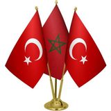 Satürn Design Masaüstü Fas Bayrağı Türk Bayrağı Üçlü Pirinç Direk Masa Bayrak Seti