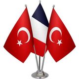 Satürn Design Masaüstü Fransa Bayrağı Türk Bayrağı Üçlü Krom Direk Masa Bayrak Seti
