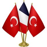 Satürn Design Masaüstü Fransa Bayrağı Türk Bayrağı Üçlü Pirinç Direk Masa Bayrak Seti