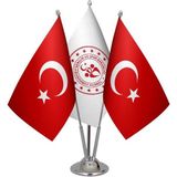 Satürn Design Masaüstü Gençlik ve Spor Bakanlığı Bayrağı Türk Bayrağı Üçlü Krom Direk Masa Bayrak Seti
