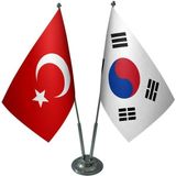 Satürn Design Masaüstü Güney Kore Bayrağı Türk Bayrağı İkili Krom Direk Masa Bayrak Seti