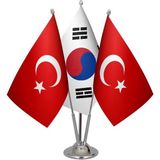 Satürn Design Masaüstü Güney Kore Bayrağı Türk Bayrağı Üçlü Krom Direk Masa Bayrak Seti
