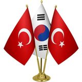Satürn Design Masaüstü Güney Kore Bayrağı Türk Bayrağı Üçlü Pirinç Direk Masa Bayrak Seti