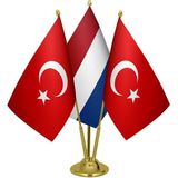 Satürn Design Masaüstü Hollanda Bayrağı Türk Bayrağı Üçlü Pirinç Direk Masa Bayrak Seti