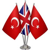 Satürn Design Masaüstü Ingiltere Bayrağı Türk Bayrağı Üçlü Krom Direk Masa Bayrak Seti