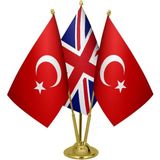 Satürn Design Masaüstü Ingiltere Bayrağı Türk Bayrağı Üçlü Pirinç Direk Masa Bayrak Seti