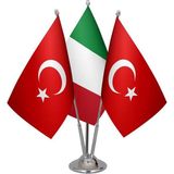 Satürn Design Masaüstü Italya Bayrağı Türk Bayrağı Üçlü Krom Direk Masa Bayrak Seti