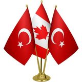 Satürn Design Masaüstü Kanada Bayrağı Türk Bayrağı Üçlü Pirinç Direk Masa Bayrak Seti