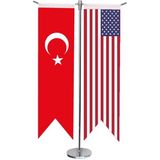 Satürn Design Masaüstü Kırlangıç Amerika + Türk Bayrağı + Krom T Direk Masa Bayrak Seti