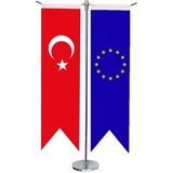 Satürn Design Masaüstü Kırlangıç Avrupa Birliği + Türk Bayrağı + Krom T Direk Masa Bayrak Seti