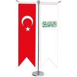 Satürn Design Masaüstü Kırlangıç Beyaz Kelimei Tevhid + Türk Bayrağı + Krom T Direk Masa Bayrak Seti