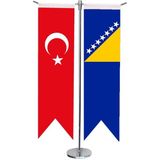 Satürn Design Masaüstü Kırlangıç Bosna Hersek + Türk Bayrağı + Krom T Direk Masa Bayrak Seti