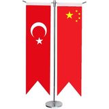Satürn Design Masaüstü Kırlangıç Çin + Türk Bayrağı + Krom T Direk Masa Bayrak Seti