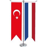 Satürn Design Masaüstü Kırlangıç Fransa + Türk Bayrağı + Krom T Direk Masa Bayrak Seti