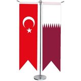 Satürn Design Masaüstü Kırlangıç Katar + Türk Bayrağı + Krom T Direk Masa Bayrak Seti