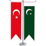 Satürn Design Masaüstü Kırlangıç Pakistan + Türk Bayrağı + Krom T Direk Masa Bayrak Seti