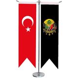 Satürn Design Masaüstü Kırlangıç Siyah Osmanlı Arması + Türk Bayrağı + Krom T Direk Masa Bayrak Seti