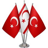 Satürn Design Masaüstü Kktc Bayrağı Türk Bayrağı Üçlü Krom Direk Masa Bayrak Seti