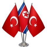 Satürn Design Masaüstü Kuzey Kore Bayrağı Türk Bayrağı Üçlü Krom Direk Masa Bayrak Seti