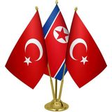Satürn Design Masaüstü Kuzey Kore Bayrağı Türk Bayrağı Üçlü Pirinç Direk Masa Bayrak Seti
