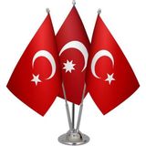 Satürn Design Masaüstü Osmanlı Devleti Bayrağı Türk Bayrağı Üçlü Krom Direk Masa Bayrak Seti