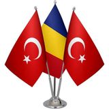 Satürn Design Masaüstü Romanya Bayrağı Türk Bayrağı Üçlü Krom Direk Masa Bayrak Seti