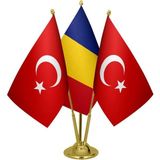 Satürn Design Masaüstü Romanya Bayrağı Türk Bayrağı Üçlü Pirinç Direk Masa Bayrak Seti