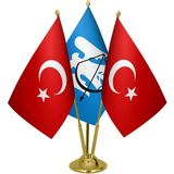 Satürn Design Masaüstü Selçuklu Devleti Bayrağı Türk Bayrağı Üçlü Pirinç Direk Masa Bayrak Seti