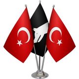 Satürn Design Masaüstü Siyah Göktürk Bayrağı Türk Bayrağı Üçlü Krom Direk Masa Bayrak Seti